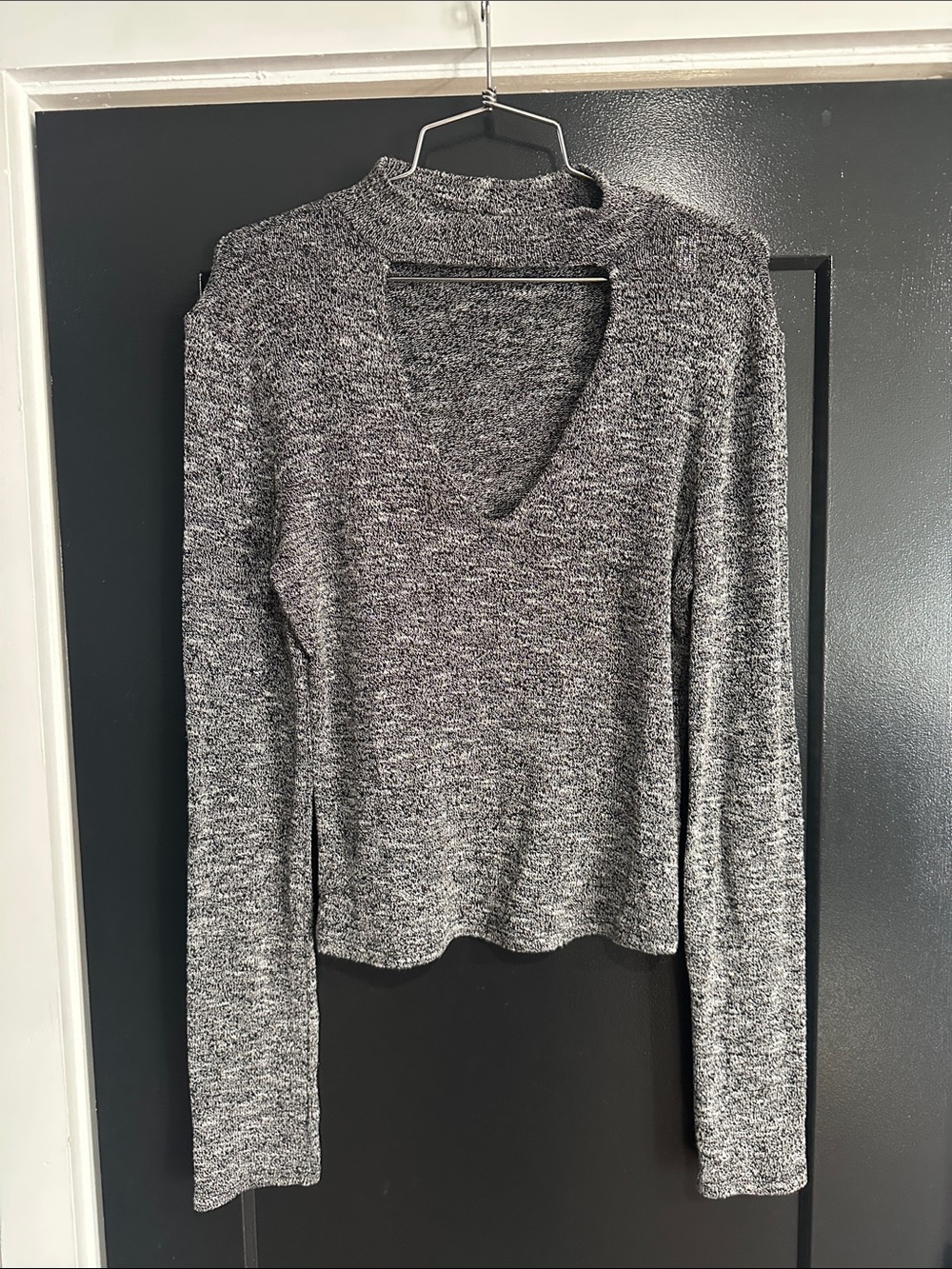 Bear Dance Gray Marled V-Neck Long Sleeve Top